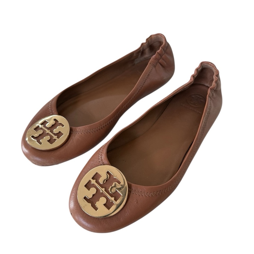 Tory Burch Brown Leather Minnie Travel Ballet Flats with Gold Logo